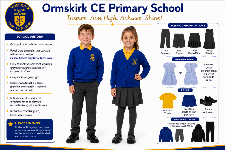 Ormskirk CE Primary School uniform poster showing approved school uniform, summer uniform options and PE kit requirements